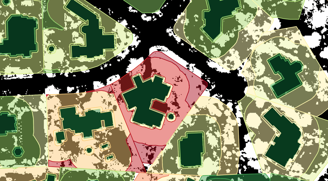A sample generated map of homes with defensible space zones.